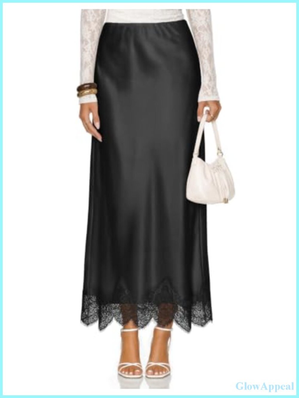 Satin Lace Trim Maxi Skirt High Waisted Flowy A-Line Long Skirt